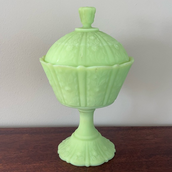 1970's FENTON Glass co. Uranium Custard Glass "Paneled Daisy" Candy Dish - Picture 7 of 14